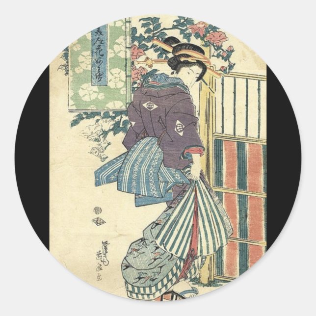 Sticker Rond jardin japonais ukiyo-e traditionnel kimono geisha (Devant)