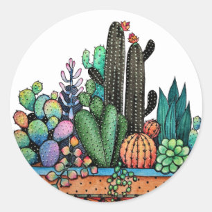 Sticker Rond Jardin mignon de cactus d'aquarelle dans le pot