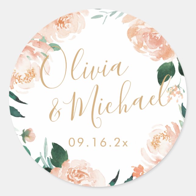 Sticker Rond Jardin romantique pêche aquarelle mariage floral (Devant)