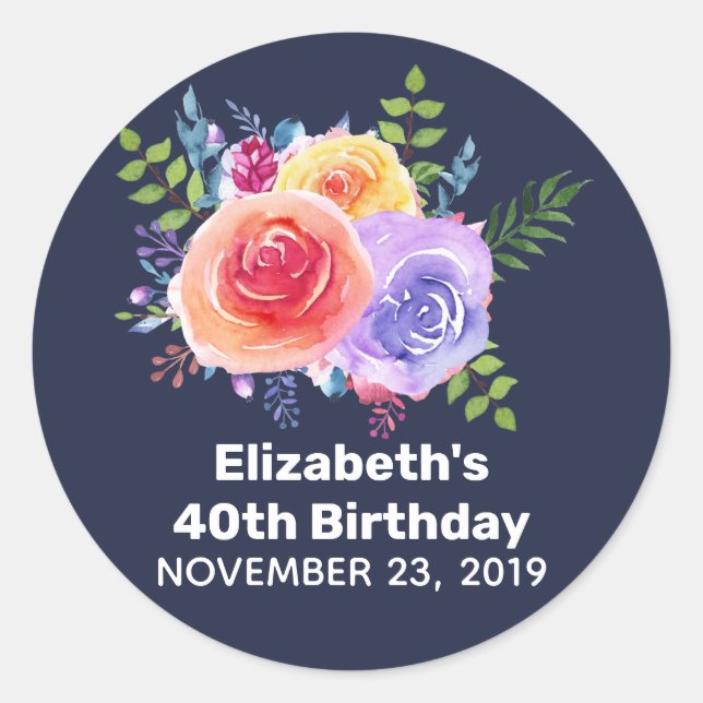 Sticker Rond Jardin Rose Fleurs d'aquarelle Anniversaire (Devant)