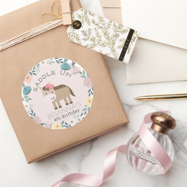 Sticker Rond Jardin rose Floral Horse Girl Anniversaire Classic (Cadeaux)