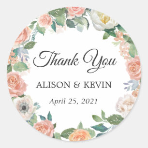 Sticker Rond Jardin Rose Floral Wreath Wedding Favor Merci