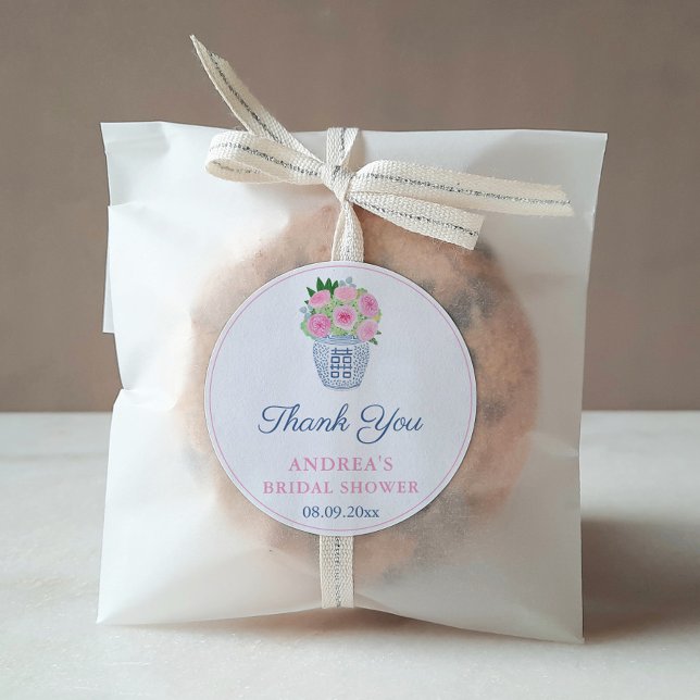 Sticker Rond Jardin rose Roses Ginger Jar Fête des mariées Favo (Preppy Navy Blue And White Ginger Jar With Pink English Roses Bridal Shower Thank You Favor Sticker)