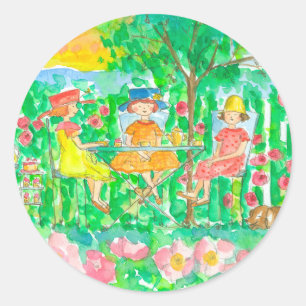 Sticker Rond Jardin Tea Party Filles Aquarelle Fleurs