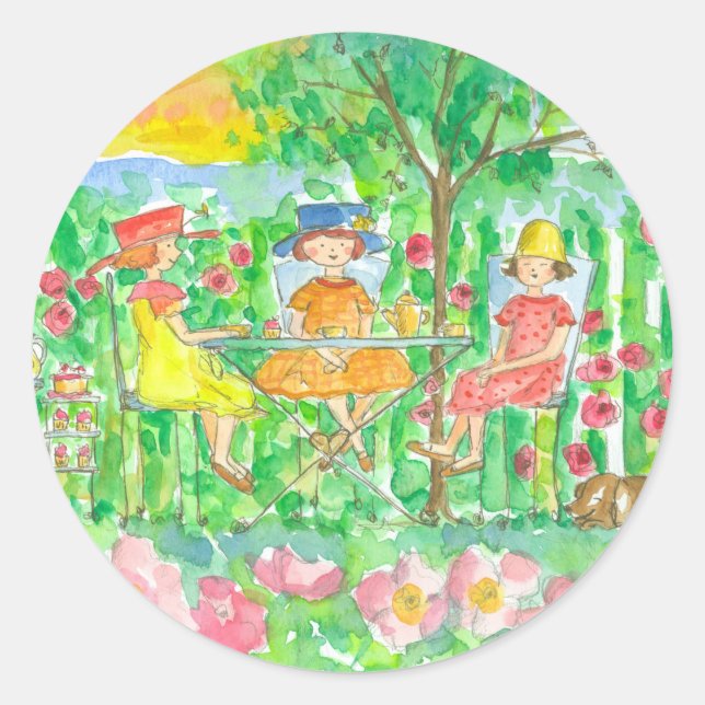 Sticker Rond Jardin Tea Party Filles Aquarelle Fleurs (Devant)