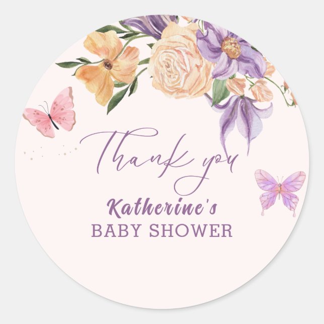 Sticker Rond Jardin Whimsical Floral Butterfly baby shower fill (Devant)