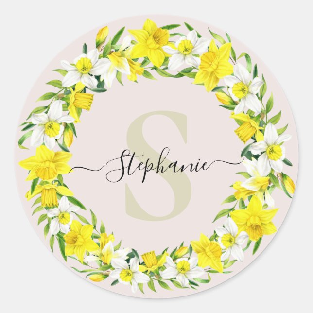 Sticker Rond Jaune blanc Daffodique Garland Nom du monogramme (Devant)