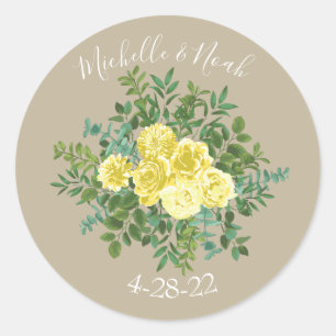 Sticker Rond Jaune clair et Rose écru kaki Mariage floral