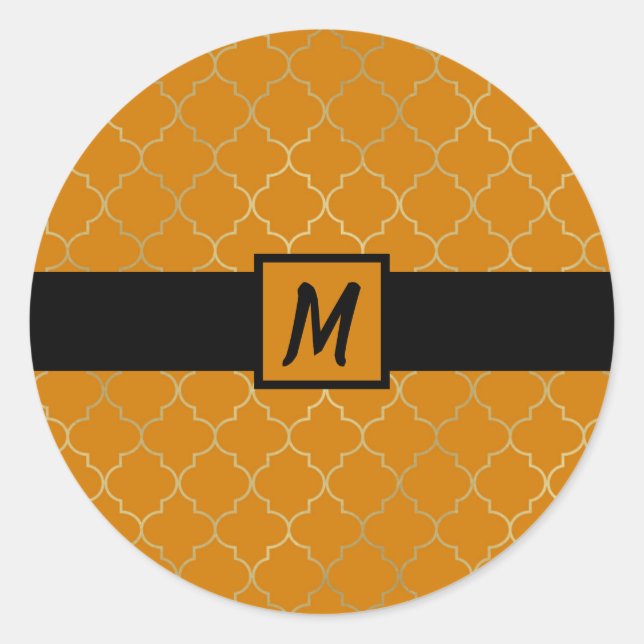 Sticker Rond Jaune de curcuma Or Quatrefeuille Monogramme Fête (Devant)