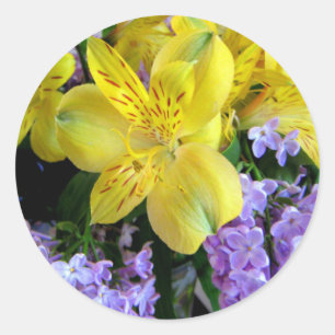 Sticker Rond Jaune et Fleurs Lilac Violettes