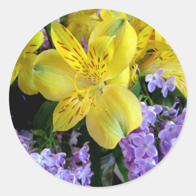 Sticker Rond Jaune et Fleurs Lilac Violettes (Devant)