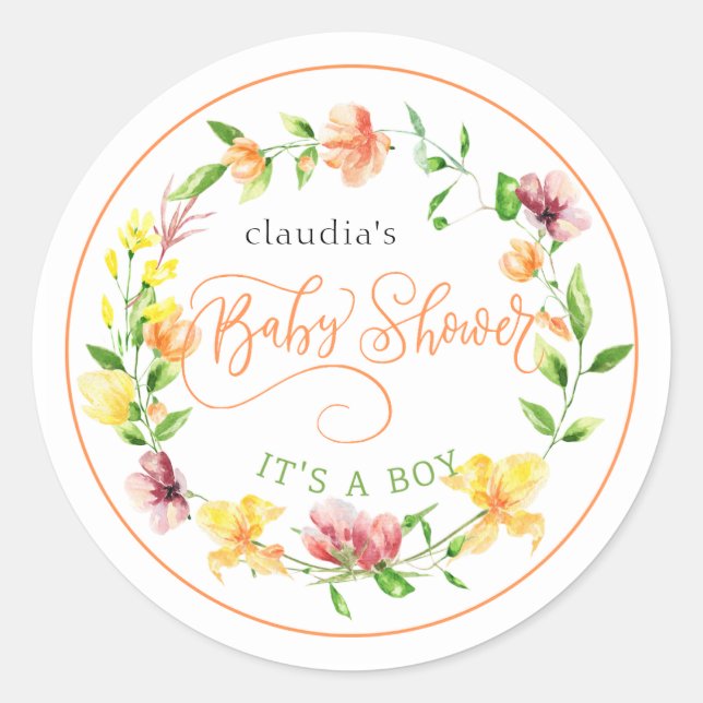 Sticker Rond jaune et orange aquarelle fleurie garçon bébé douc (Devant)