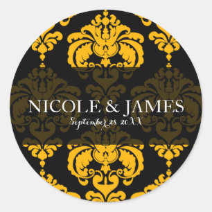 Sticker Rond Jaune Noir Damas Vintage Wedding Événement Favoris