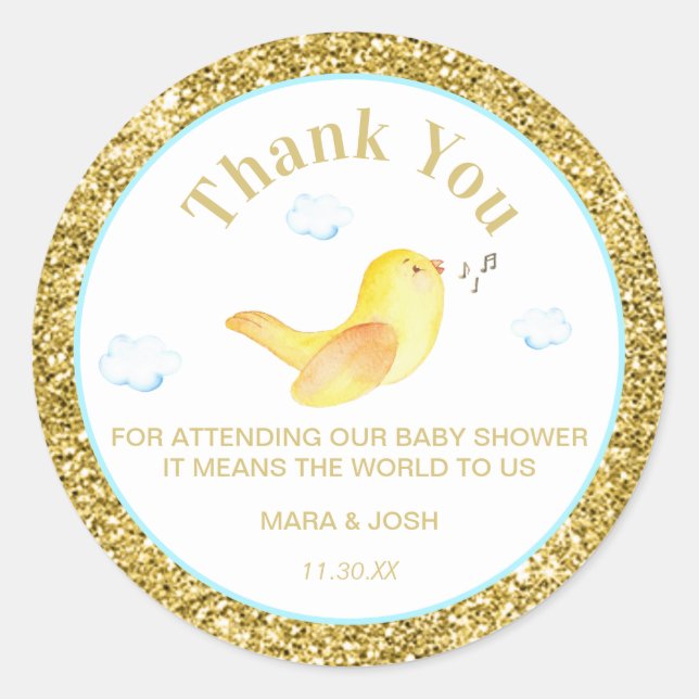 Sticker Rond *~* Jaune Oiseaux Nuages Ciel Baby shower Merci (Devant)