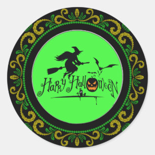Sticker Rond Jaune Vert Joyeux Halloween sorcière et chauves-so