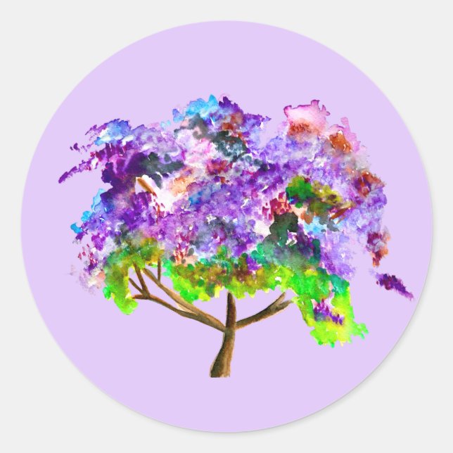 Sticker Rond Jaune violette arbre aquarelle art (Devant)