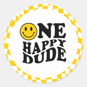 Sticker Rond Jaune Wavy À damiers Preppy Smile Un mec heureux