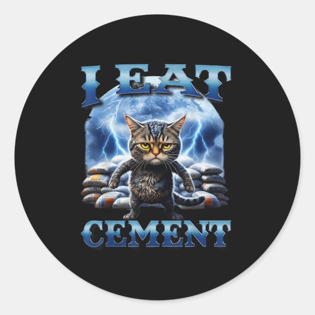 Sticker Rond Je Mange Du Ciment Maudit Chat Drôle Mème Curieuse (Devant)