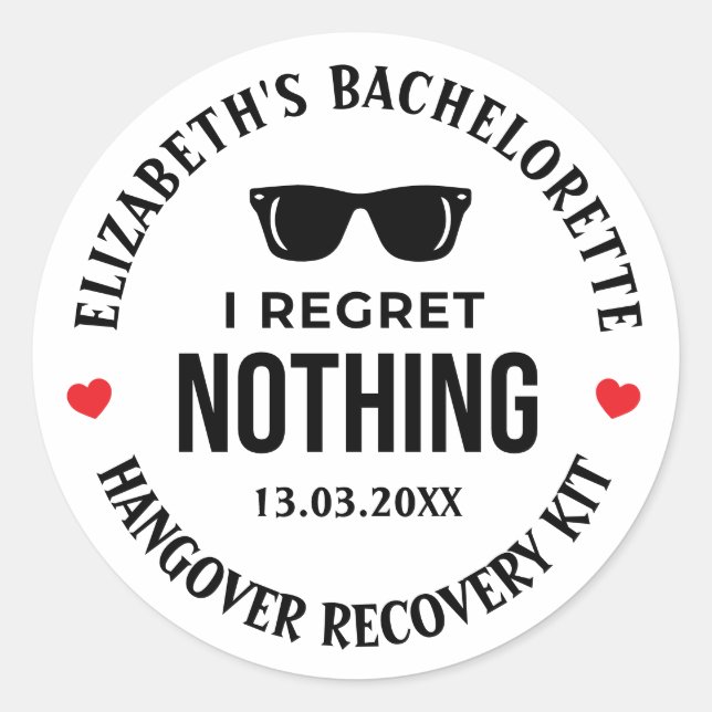 Sticker Rond Je ne regrette rien Bachelorette Party Hangover Ki (Devant)