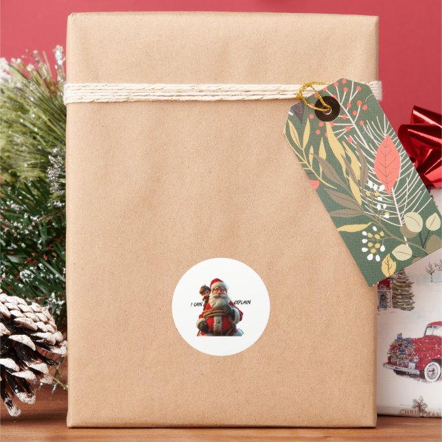Sticker Rond Je Peux Expliquer, Caricature Père Noël Et Petit G (vacances)