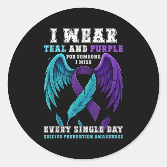 Sticker Rond Je Porte Turquoise &amp; Purple Ribbon Prévention  (Devant)