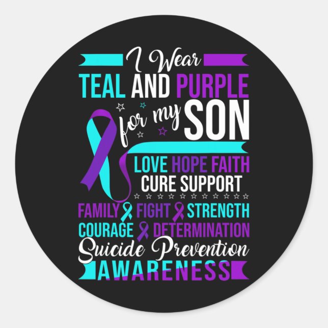 Sticker Rond Je porte Turquoise et pourpre pour mon fils Suicid (Devant)