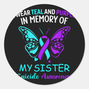 Sticker Rond Je Porte Turquoise, Violet En Mémoire De Ma Soeur
