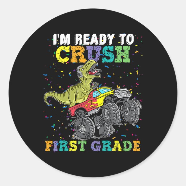 Sticker Rond Je suis prêt à écraser les Dinos de Camion Monster (Devant)