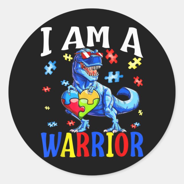 Sticker Rond Je Suis Un Guerrier Autisme Famille Dinosaure Auti (Devant)
