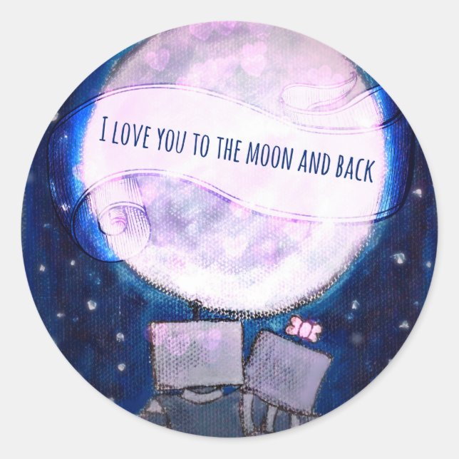 Sticker Rond Je T'Aime Aux Robots Lune Et Arrière (Devant)