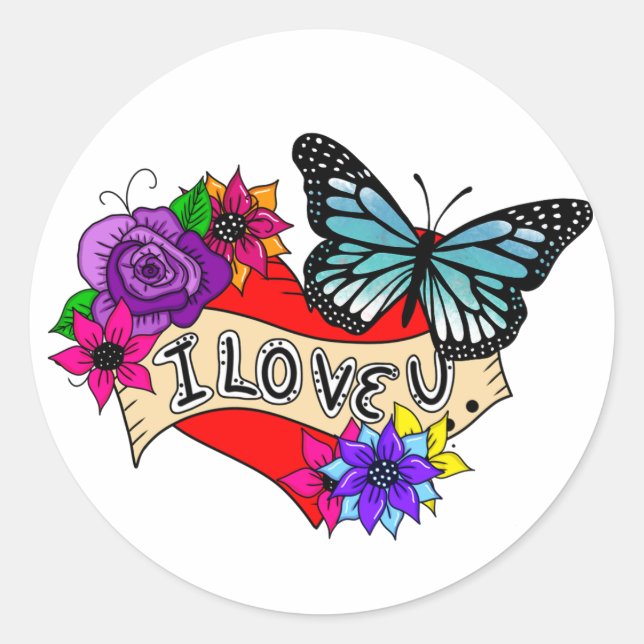 Sticker Rond Je T'Aime | Coeurs, Roses et papillons (Devant)