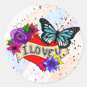 Sticker Rond Je T'Aime   Coeurs, Roses et papillons
