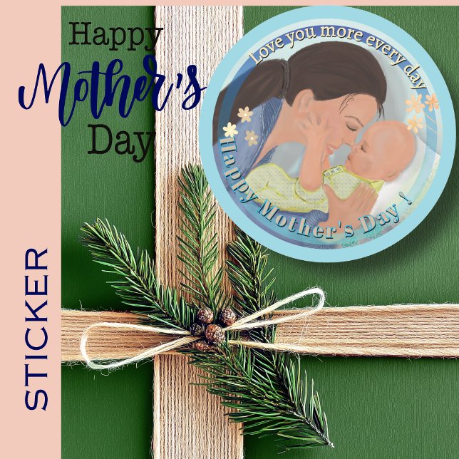 Sticker Rond Je t'aime plus Fête des Mères (Love you more Mother's Day Classic Round Sticker)