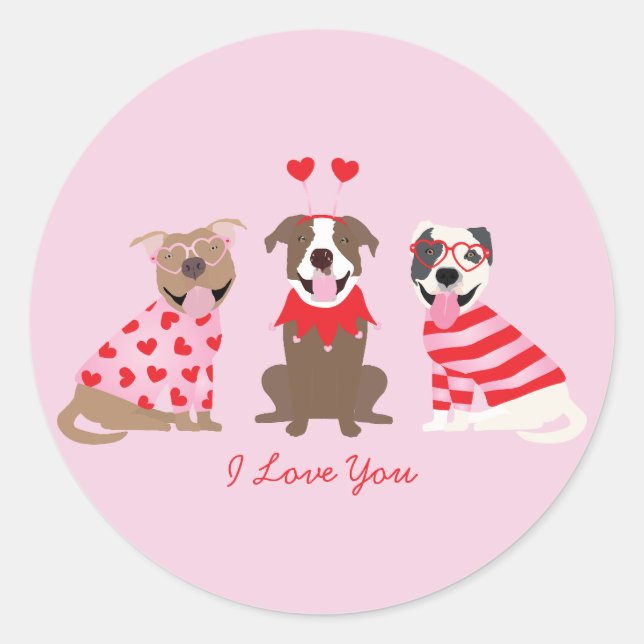 Sticker Rond Je T'Aime Valentines American Pit Bull Terriers (Devant)