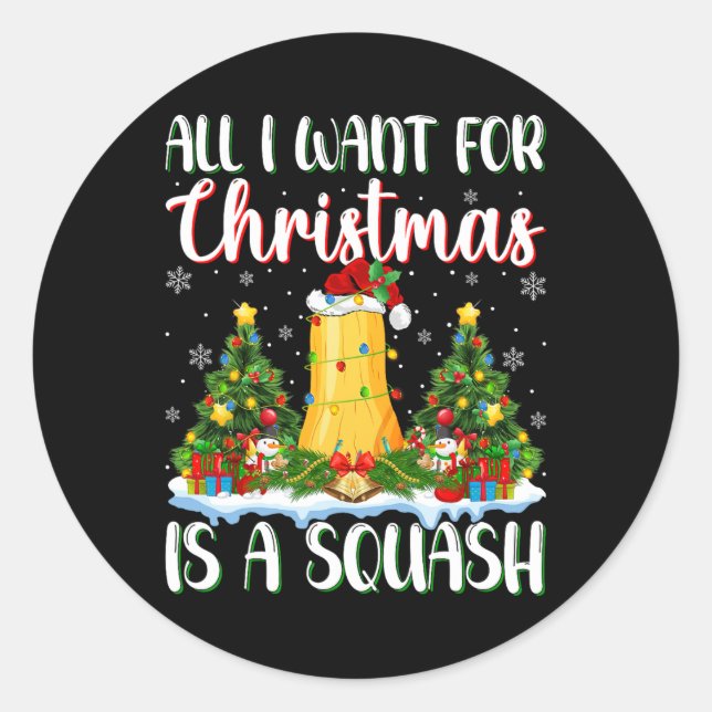 Sticker Rond Je Veux Pour Noël Est Un Squash Xmas Lumières Arbr (Devant)