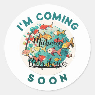 Sticker Rond Je viens bientôt Fun Cherry Baby shower de poisson