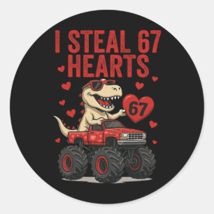 Sticker Rond Je vole 67 cœurs T-rex Dino Camion Six Sept Valen