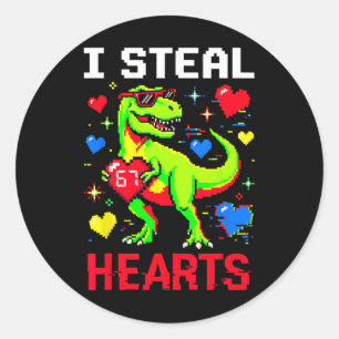 Sticker Rond Je vole des cœurs Pixel Dinosaur Gamer Saint Valen