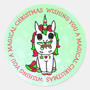 Sticker Rond Je vous souhaite une licorne de Noël magique