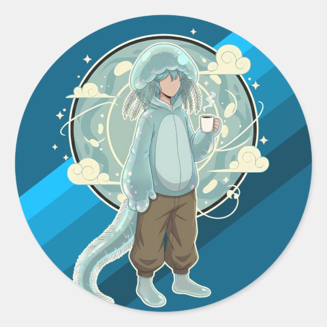 Sticker Rond Jellyfish Boy Anime Coffee Art (Devant)