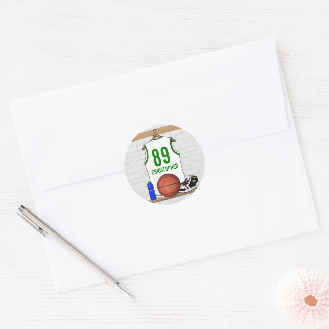 Sticker Rond Jersey de basketball blanc et vert personnalisé (Enveloppe)