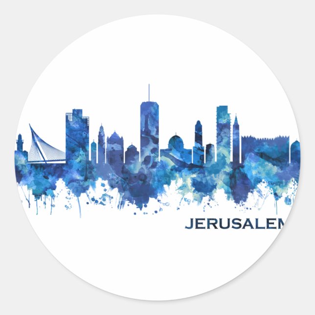 Sticker Rond Jérusalem Israel Skyline Blue (Devant)