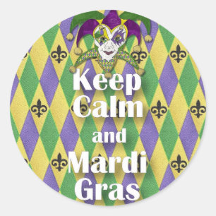 Sticker Rond Jester Mask Keep Calm and Mardi Gras