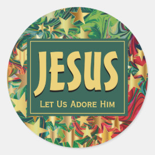 Sticker Rond JESUS Adore-Lui Noël Étoiles Festif