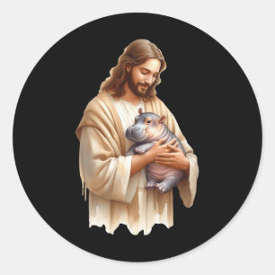 Sticker Rond Jésus Aime Moo Deng Bouncy Pig Cute Ba