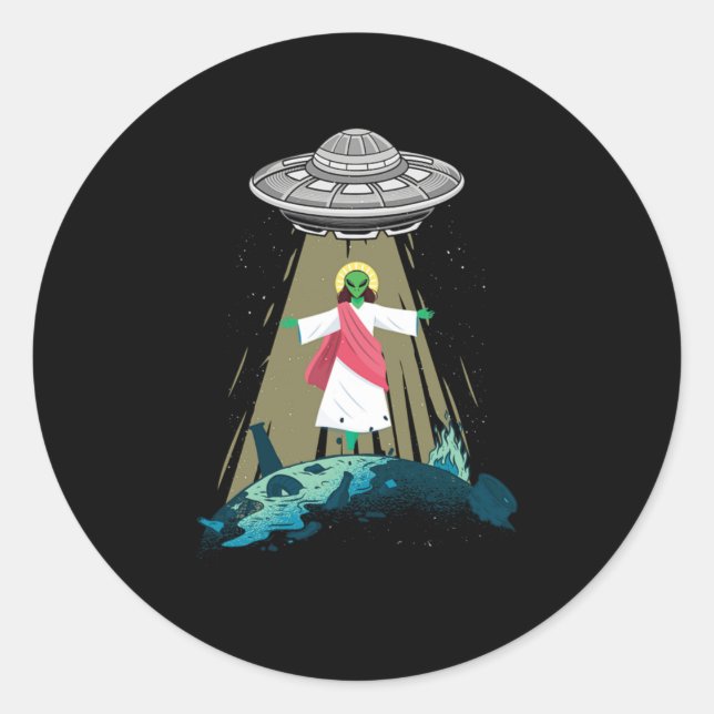 Sticker Rond Jésus Alien Enlèvement OVNI Croyant Aliens Cadeau (Devant)