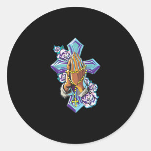 Sticker Rond Jésus amour   Croix priant main Jésus Christ Foi