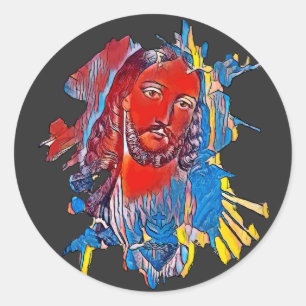 Sticker Rond Jésus Christ Face coeur sacré art Abstrait