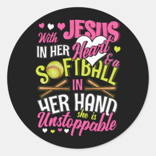 Sticker Rond Jésus Dans Son Coeur Softball Dans Sa Main Elle Es
