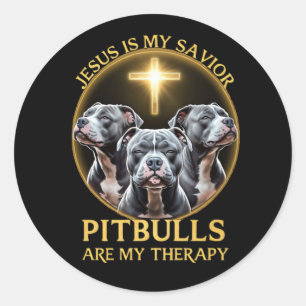 Sticker Rond Jésus Est Mon Sauveur Les Pitbulles Sont Ma Thérap